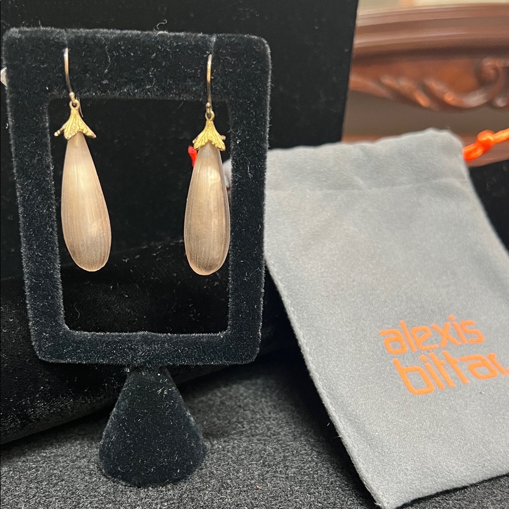 Alexis Bittar Taupe Lucite Teardrop Earrings with gold tone cap